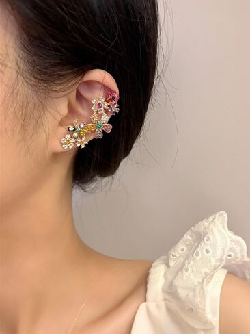 Climber Earrings for Women Multicolor Ear Studs with Ear Cartilage Clip Crystal Clustered Flowers Ear Cuff Earring Statement Floral Crawler Stud Earrings Sparkly Zircon Gemstone Earring in Saudi Arabia