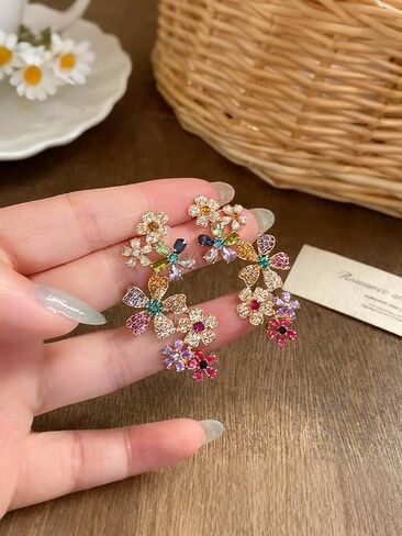 Climber Earrings for Women Multicolor Ear Studs with Ear Cartilage Clip Crystal Clustered Flowers Ear Cuff Earring Statement Floral Crawler Stud Earrings Sparkly Zircon Gemstone Earring in Saudi Arabia