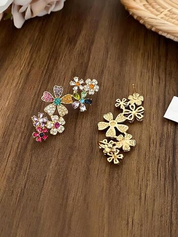 Climber Earrings for Women Multicolor Ear Studs with Ear Cartilage Clip Crystal Clustered Flowers Ear Cuff Earring Statement Floral Crawler Stud Earrings Sparkly Zircon Gemstone Earring in Saudi Arabia