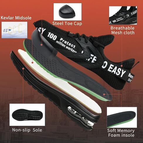 Steel Toe Shoes for Men Women,Comfortable Breathable Safety Sneakers Industrial Non Slip Safety Work Shoes Black in Saudi Arabia
