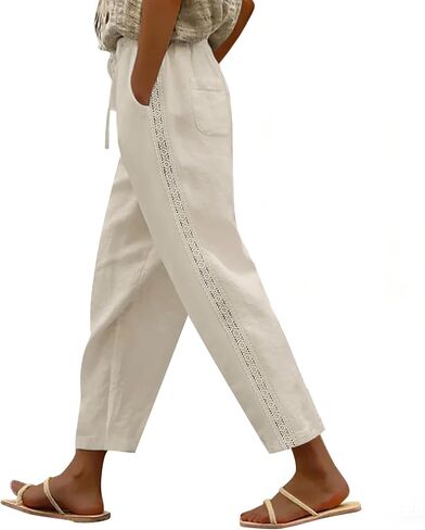 Puimentiua Linen Pants Women Breathable Drawstring Elastic Waist Capri Pants with Lace Side Summer Casual Beach Trousers in Saudi Arabia