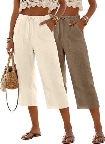 Xaatren 2 Pack Women's Linen Capri Pants Summer Drawstring Wide Leg Crop Pants Ladies Lightweight Beach Trousers with Pocket in Kuwait