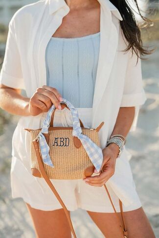 Personalized Coastal Mini Crossbody Bag - Straw Woven Purse with Embroidered Monogram, Faux Leather Crossbody Handbag, Small Travel Purse, Gift for Women in Saudi Arabia