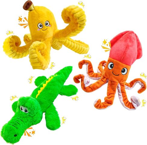 WOWBALA No Stuffing Dog Squeak Toys-3 Pack Plush Crinkle Interactive Puppy Chew Toys, Cute Octopus & Crocodile Toys for Small Medium Dogs,Boredom Relief, Anxiety Reducing in Kuwait