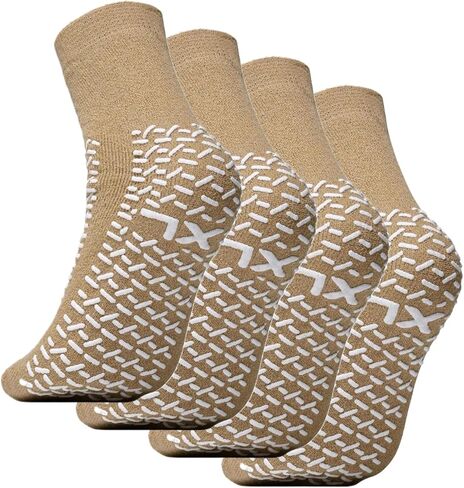 Double Tread Non-Skid Safety Socks – X-Large Beige (4 Pairs) / Unisex | Non-Slip | Hospital, Home, or Yoga Use in Saudi Arabia
