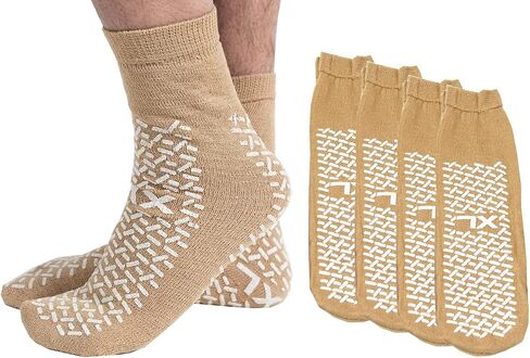Double Tread Non-Skid Safety Socks – X-Large Beige (4 Pairs) / Unisex | Non-Slip | Hospital, Home, or Yoga Use in Saudi Arabia