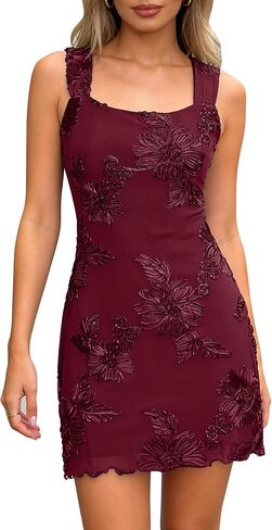 Women's Embroidered Floral Mini Dress Summer 2026 Sleeveless Square Neck Mesh Short Dresses Cocktail Party Going Out in Saudi Arabia