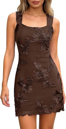 Women's Embroidered Floral Mini Dress Summer 2026 Sleeveless Square Neck Mesh Short Dresses Cocktail Party Going Out in Saudi Arabia