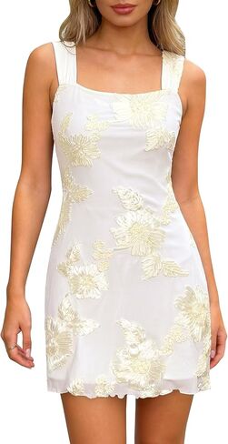 Women's Embroidered Floral Mini Dress Summer 2026 Sleeveless Square Neck Mesh Short Dresses Cocktail Party Going Out in Saudi Arabia