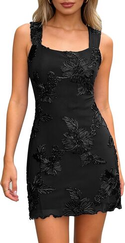 Women's Embroidered Floral Mini Dress Summer 2026 Sleeveless Square Neck Mesh Short Dresses Cocktail Party Going Out in Saudi Arabia