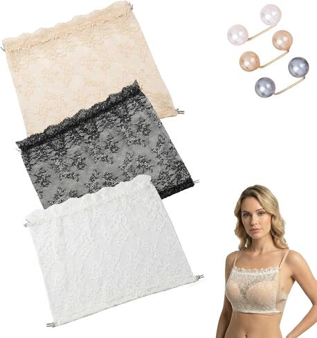 3Pcs Lady Lace Wearable Mock Camisole Bra Insert Overlay Modesty Panel VestWomen Lace Insert Wrapped Chest Overlay Invisible Panel Mock Camisole Bra Flexibility Anti-Exposure Summer Clip On Bra in Kuwait