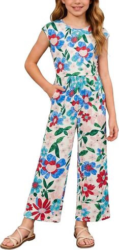 Haloumoning Girls Jumpsuit Kids Cute Printed Ribbed Cap Sleeve Wide Leg Pants Rompers Casual One Piece Outfits in Kuwait