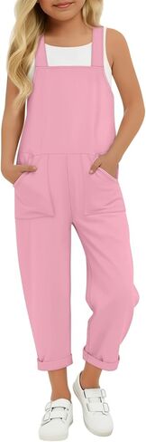 Xaatren Girls' Overalls Harem Pants Wide Strap Jumpsuits Loose Rompers Cuffed Hem Long Pants with Pockets 5-14 Years in Kuwait