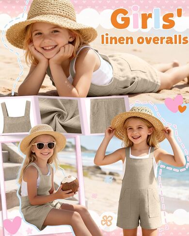 Girl's Rompers Linen Sleeveless Jumpsuits 5-14 Years Overalls Shorts with Pockets Cute Teen Summer Clothes in Kuwait