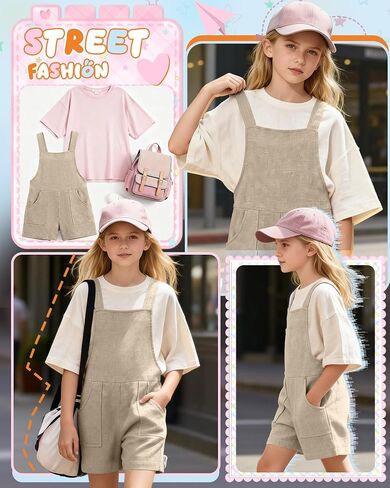 Girl's Rompers Linen Sleeveless Jumpsuits 5-14 Years Overalls Shorts with Pockets Cute Teen Summer Clothes in Kuwait
