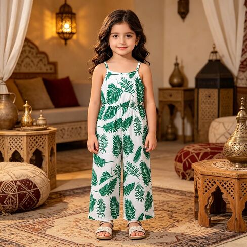 Girls Sleeveless Jumpsuit Tropical Leaf Print Smocked Bodysuit with Wide Leg for Girl 4Y-8Y Kids in Kuwait