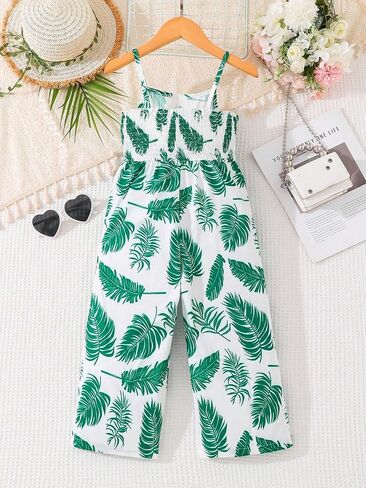 Girls Sleeveless Jumpsuit Tropical Leaf Print Smocked Bodysuit with Wide Leg for Girl 4Y-8Y Kids in Kuwait