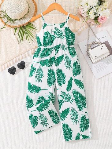 Girls Sleeveless Jumpsuit Tropical Leaf Print Smocked Bodysuit with Wide Leg for Girl 4Y-8Y Kids in Kuwait