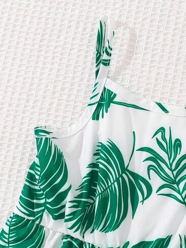 Girls Sleeveless Jumpsuit Tropical Leaf Print Smocked Bodysuit with Wide Leg for Girl 4Y-8Y Kids in Kuwait