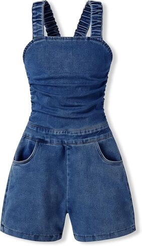 Girls Clothes Summer Jumpsuits Denim Short Sleeveless Bow Cross Straps Side Pockets One Piece Outfits 7-11 Years in Kuwait
