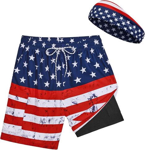 American Trends Mens Swim Trunks with Compression Liner Board Shorts for Men Quick Dry Swimsuits Bathing Suit Swimwear in Kuwait