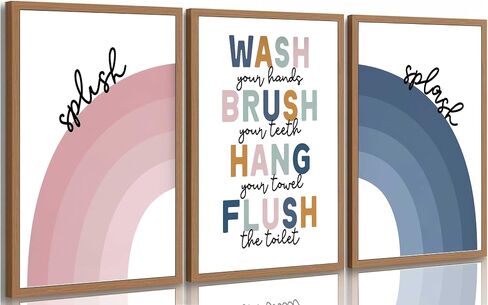 3 Pcs Kids Shared Bathroom Canvas Wall Art Colorful Cute Funny Toddler Toilet Rule Wash Hands Brush Teeth Children Rainbow Picture Wall Decor Poster Print Artwork for Girls Boys Restroom Unframed in Saudi Arabia