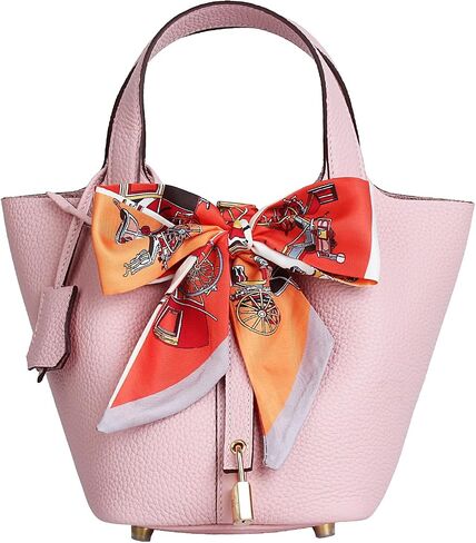 Leather Handbag (Scarf Detaches) Genuine Leather Bucket Bag for Women,Market Tote Bags with Metal Clasp in Saudi Arabia