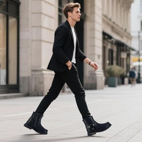 Men's Motorcycle Boot Black Riding Boots for Biker-Waterproof PU Leather Low Heels Zipper Fashion Casual Boots in Saudi Arabia