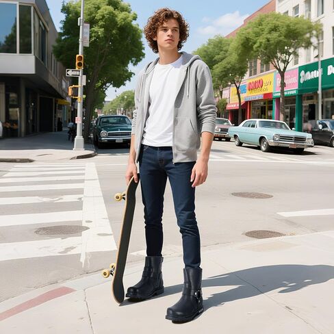 Men's Motorcycle Boot Black Riding Boots for Biker-Waterproof PU Leather Low Heels Zipper Fashion Casual Boots in Saudi Arabia