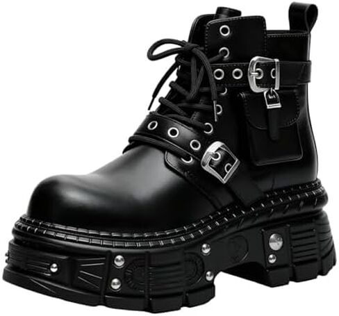 Men’S Leather Platform Locomotive Combat Boots Lace Up Side Zipper Adjustable Buckle Lug Sole Non-Slip Ankle Boots Fashion Punk Motorcycle Boots in Saudi Arabia