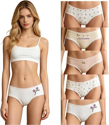 Cute Cotton Womens Underwear for Women 5 Packs Panties Kawaii Ruffled Floral Flowers Japanese-Style in Kuwait