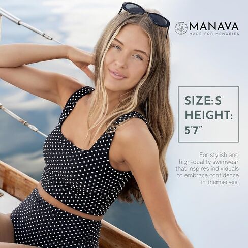 MANAVA Coast Top Black White Polka Dot – Women’s Square Neck Tankini Top with Thick Straps, Shelf Bra Support - (XXS-3XL) in Kuwait