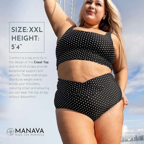 MANAVA Coast Top Black White Polka Dot – Women’s Square Neck Tankini Top with Thick Straps, Shelf Bra Support - (XXS-3XL) in Kuwait