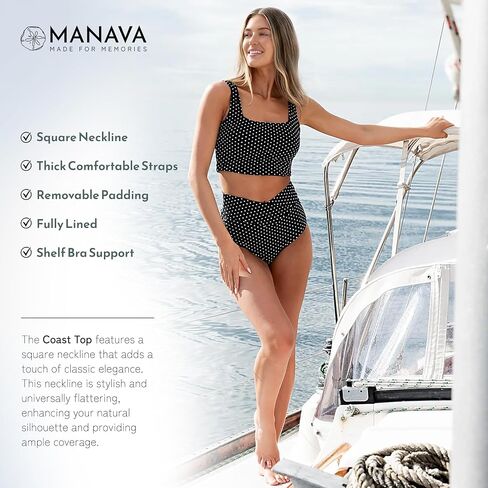 MANAVA Coast Top Black White Polka Dot – Women’s Square Neck Tankini Top with Thick Straps, Shelf Bra Support - (XXS-3XL) in Kuwait