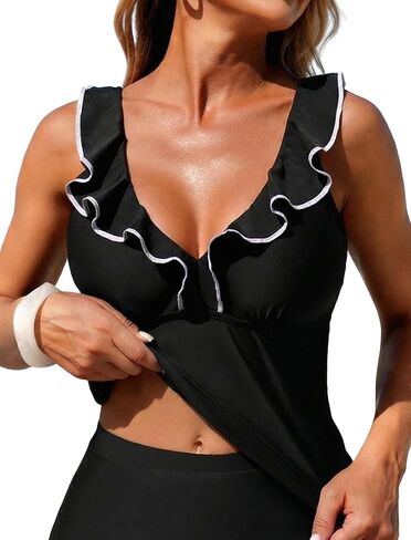 ZAFUL Womens Tankini Tops Tummy Control Swim Top Modest Ruffle Swimsuit Top V Neck Bathing Suit Top No Skirt in Kuwait