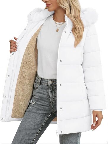 SMENG Women's Long Winter Puffer Coat Warm Fleece Lined Hooded Parka Ribbed Cuffs Button Zipper Windproof Outerwear in Kuwait