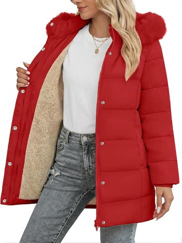 SMENG Women's Long Winter Puffer Coat Warm Fleece Lined Hooded Parka Ribbed Cuffs Button Zipper Windproof Outerwear in Saudi Arabia