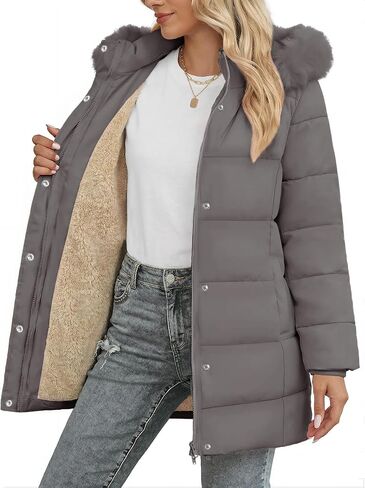 SMENG Women's Long Winter Puffer Coat Warm Fleece Lined Hooded Parka Ribbed Cuffs Button Zipper Windproof Outerwear in Saudi Arabia