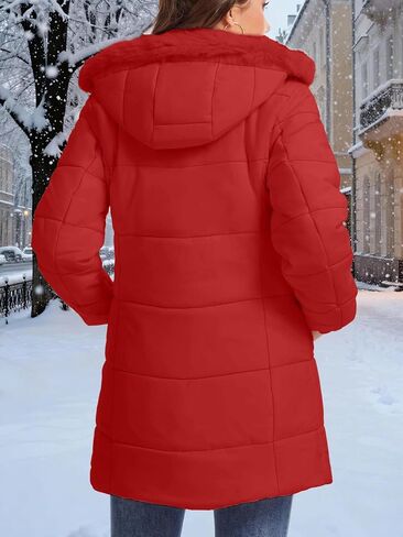 SMENG Women's Long Winter Puffer Coat Warm Fleece Lined Hooded Parka Ribbed Cuffs Button Zipper Windproof Outerwear in Saudi Arabia