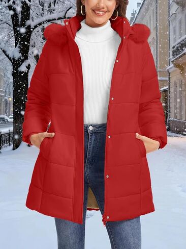 SMENG Women's Long Winter Puffer Coat Warm Fleece Lined Hooded Parka Ribbed Cuffs Button Zipper Windproof Outerwear in Saudi Arabia