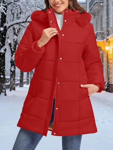 SMENG Women's Long Winter Puffer Coat Warm Fleece Lined Hooded Parka Ribbed Cuffs Button Zipper Windproof Outerwear in Saudi Arabia