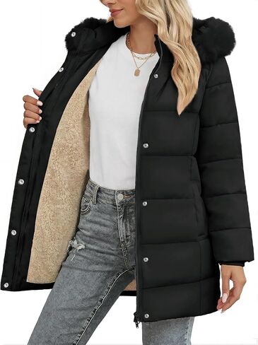 SMENG Women's Long Winter Puffer Coat Warm Fleece Lined Hooded Parka Ribbed Cuffs Button Zipper Windproof Outerwear in Saudi Arabia