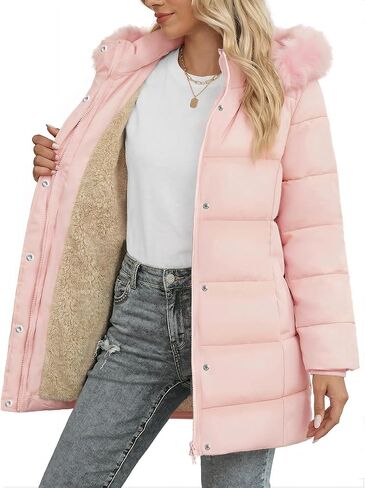 SMENG Women's Long Winter Puffer Coat Warm Fleece Lined Hooded Parka Ribbed Cuffs Button Zipper Windproof Outerwear in Saudi Arabia