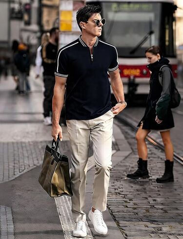 Men's Zipper Polo Shirts Casual Short Sleeve Cotton Pique Polo T Shirt Collarless Golf Shirts for Men in Kuwait