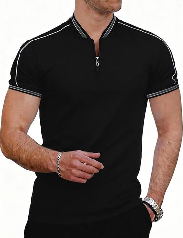Men's Zipper Polo Shirts Casual Short Sleeve Cotton Pique Polo T Shirt Collarless Golf Shirts for Men in Kuwait