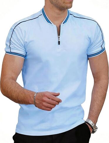 Men's Zipper Polo Shirts Casual Short Sleeve Cotton Pique Polo T Shirt Collarless Golf Shirts for Men in Kuwait