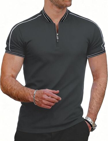 Men's Zipper Polo Shirts Casual Short Sleeve Cotton Pique Polo T Shirt Collarless Golf Shirts for Men in Kuwait