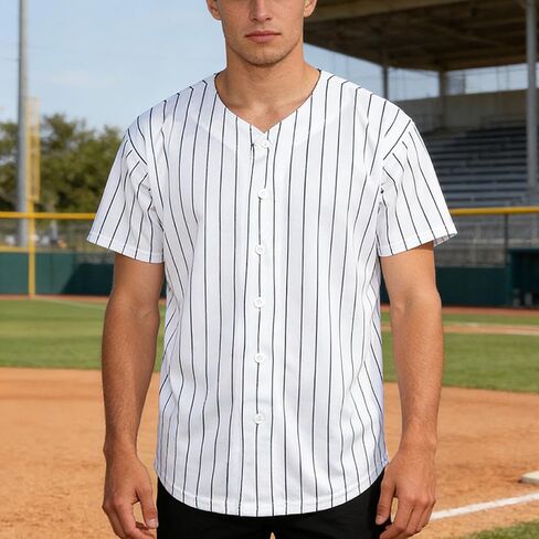 White Navy Pinstripe Blank Baseball Jersey,Button Down Short Sleeve Active Shirt for Sports, Casual Wear(3X-Large,White-Navy) in Kuwait