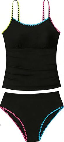 Girls Tankini Swimsuits Two Piece Bathing Suit Colorful Contrast Trim Swimwear Padded Swimsuits for Teens 9-16Y in Kuwait
