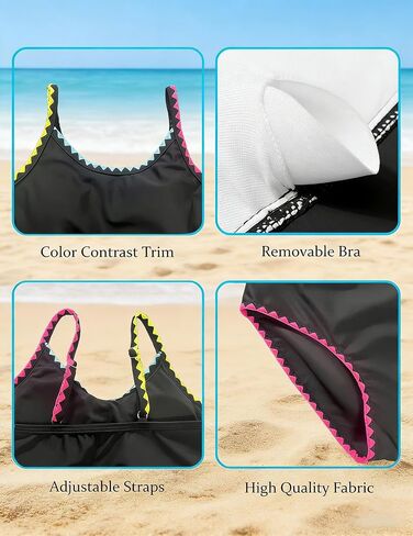 Girls Tankini Swimsuits Two Piece Bathing Suit Colorful Contrast Trim Swimwear Padded Swimsuits for Teens 9-16Y in Kuwait